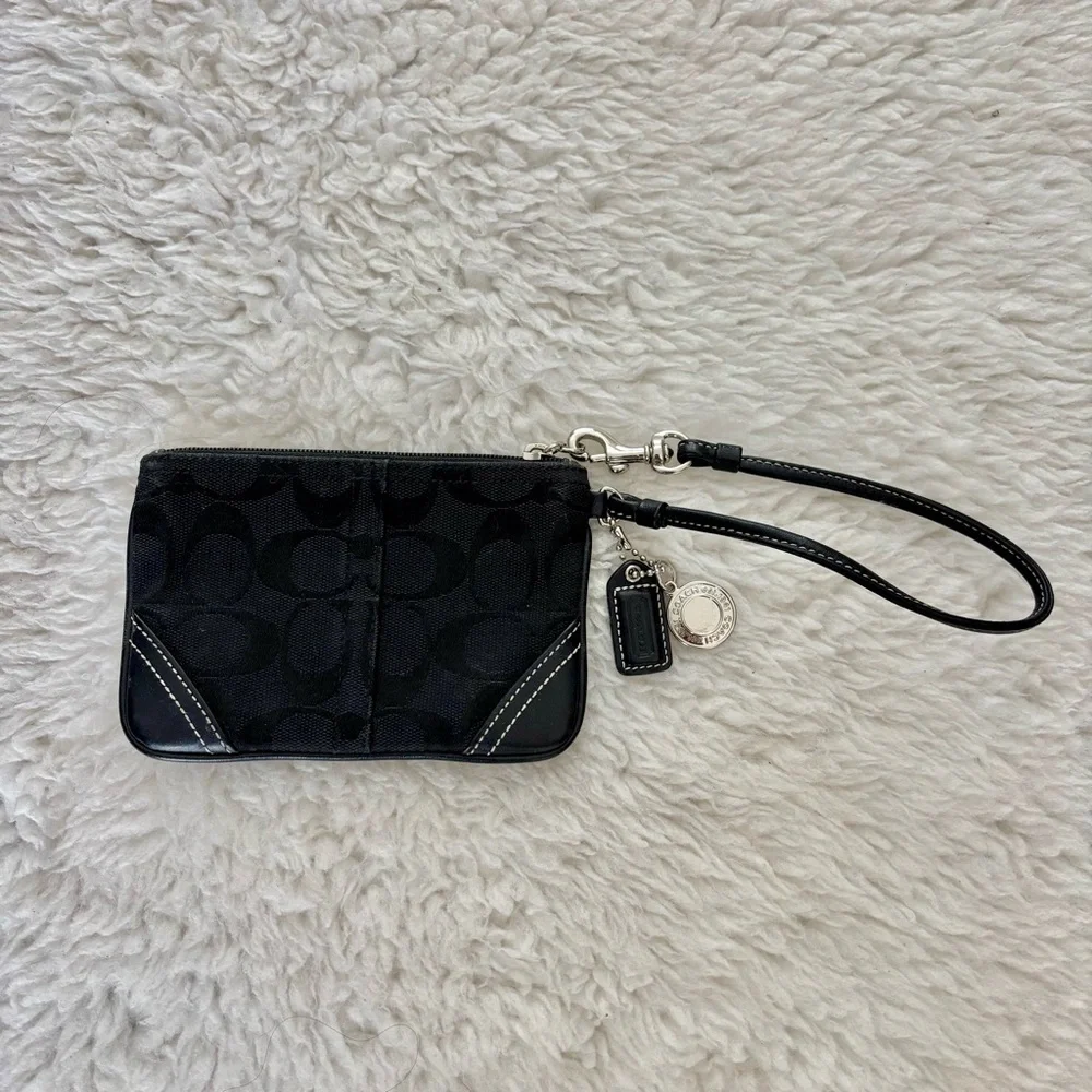 Coach CC Signature Canvas Black Leather Wristlet with Charm
